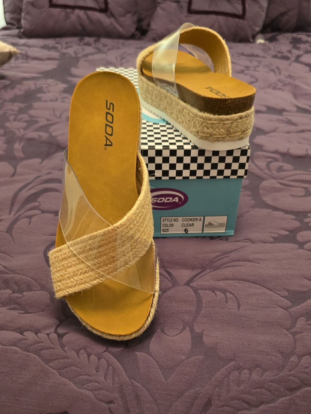 NWT Soda Clear and Tan Espadrille Platform Slide Sandal